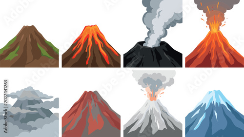 Tableau sur toile Volcano eruption stage vector set collection featuring active magma flowing lava