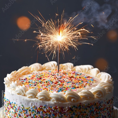 Celebration Cake With Sparkler on Top at a Birthday Party