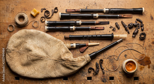 Crafting uilleann pipes on a wooden workbench