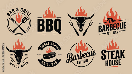 Cuadro en lienzo Vintage BBQ Emblems Set Featuring Rustic Retro Barbecue Logo Designs for Restaur