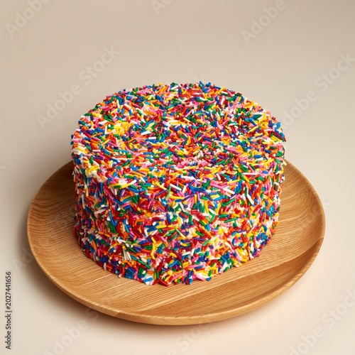 Colorful Cake Covered With Sprinkles on a Wooden Plate in a Simple Setting