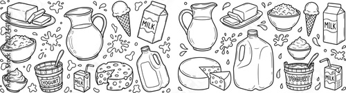 Obraz na płótnie Dairy products hand drawn outline set