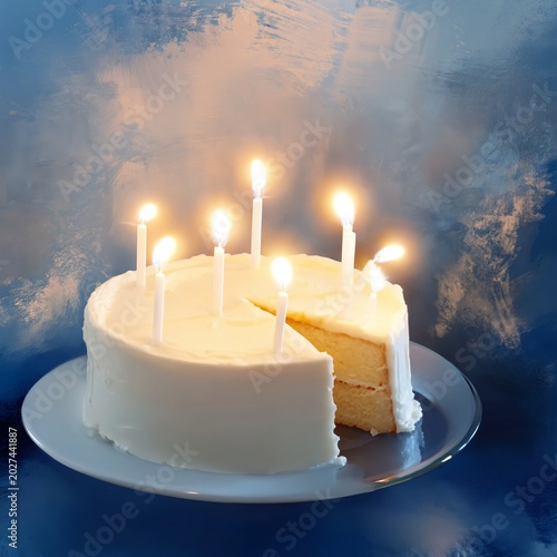 Birthday Cake With Candles Lit During Evening Celebration at Dining Table