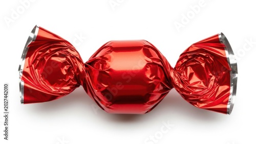 A shiny red chocolate candy wrapped in a crinkled foil wrapper.