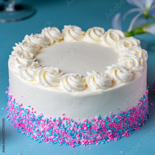 Celebration Cake With Pink and Blue Sprinkles on a White Frosted Layer on a R...