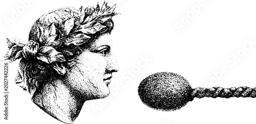 Classical laurel head facing twisted spoon on white background