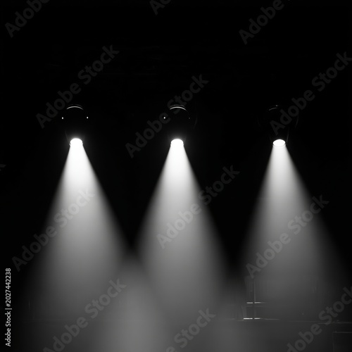 Three Spotlights Shine in a Dark Space During a Performance or Event at a The...