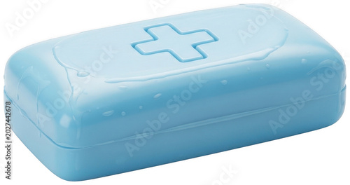 Light blue bar of soap with an embossed medical cross symbol and glistening water isolated transparent background image