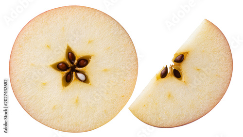 Cuadro en lienzo Round and triangular apple slices showing star-shaped core with seeds, isolated