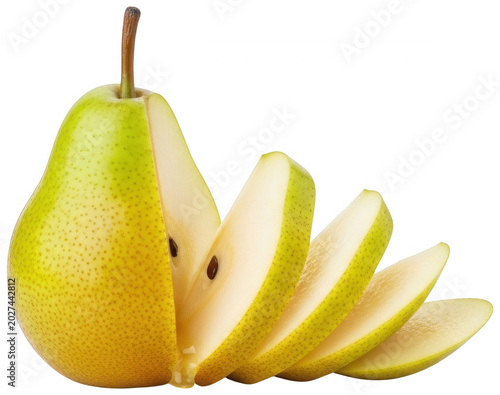 Vibrant ripe green-yellow pear, fresh and juicy, expertly sliced and fanned out, isolated transparent background image