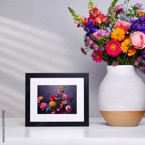 Bright Flowers in a Vase Next to Framed Artwork on a Table