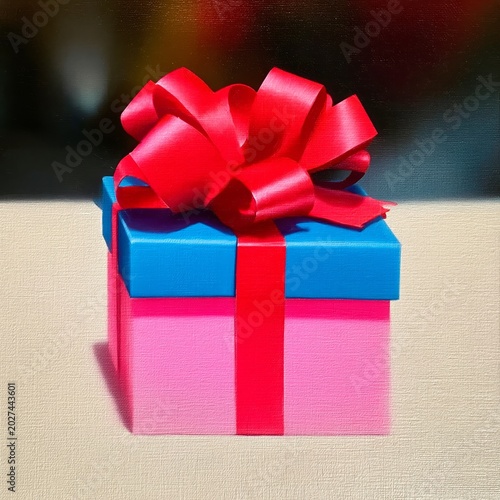 Brightly Wrapped Gift Box With Colorful Ribbon on a Table in a Festive Setting