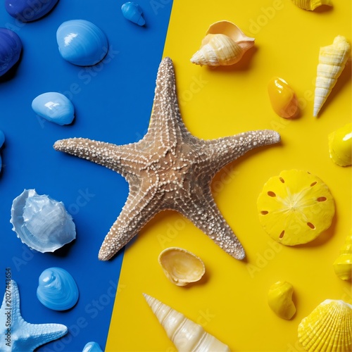 Colorful Display of Starfish and Shells on Blue and Yellow Background in a Si...