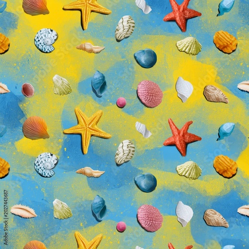 Colorful Display of Starfish and Shells on Blue and Yellow Background in a Si...