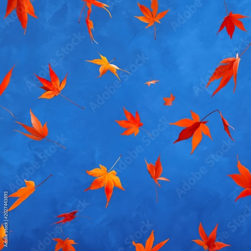 Colorful Leaves Fall Against a Blue Background in Autumn in a Natural Setting...