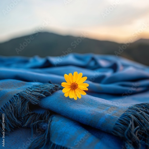 Bright Yellow Flower Rests on Blue Fabric in a Simple Indoor Setting During D...