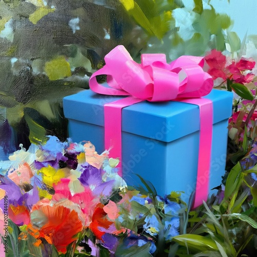 Bright Flowers and Gift Box in a Garden on a Sunny Day