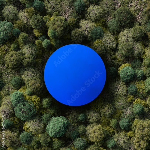 Large Blue Circle Placed on Top of Green Trees in Forest Area During Daytime