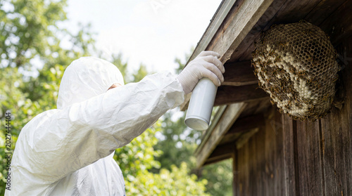 Pest control technician in protective suit spraying wasp nest on wooden eave