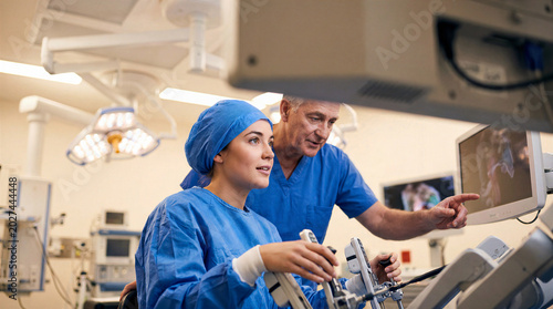 Surgeons operating robotic surgery system while reviewing monitor in operating room