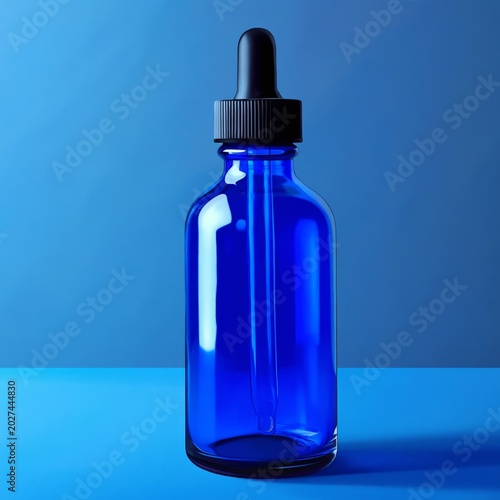 Blue Glass Dropper Bottle Stands on a Blue Surface Against a Blue Background