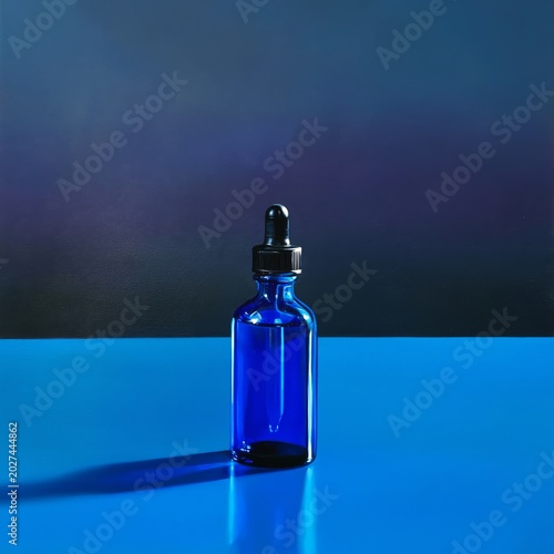 Blue Glass Dropper Bottle Stands on a Blue Surface Against a Blue Background
