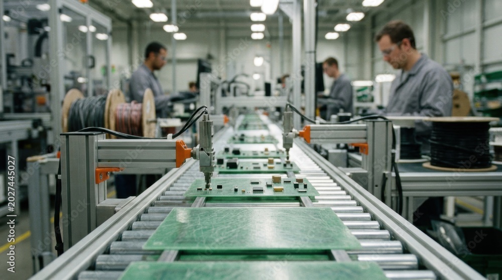 Fototapeta premium Industrial process focusing on greentinted bioderived substrate boards showcasing sustainable assembly line for recyclable electronic components with advanced technology.