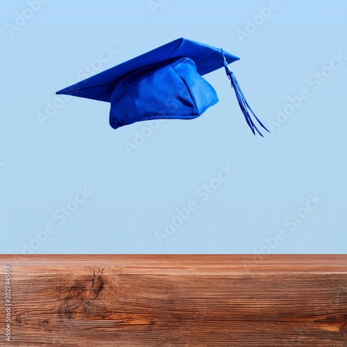 Blue Graduation Cap Floating Above a Wooden Surface Against a Clear Sky