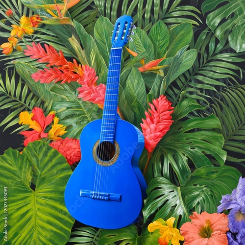 Bright Blue Guitar Surrounded by Tropical Plants and Flowers in a Sunny Setting