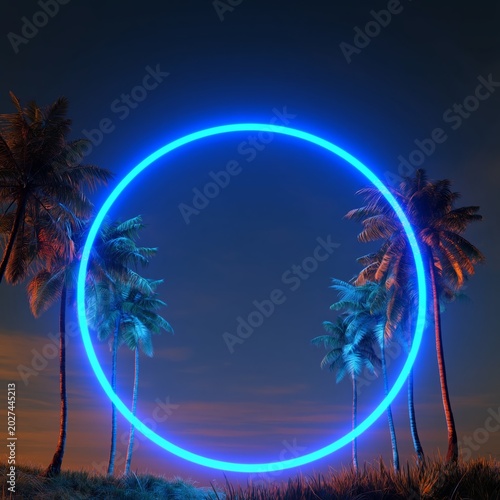 Blue Neon Circle Shines Among Tall Palm Trees at Night