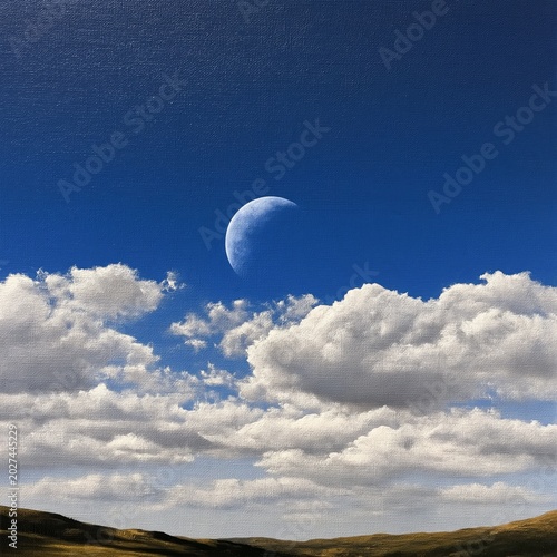 Sky With Clouds and a Crescent Moon Over a Grassy Landscape During the Day