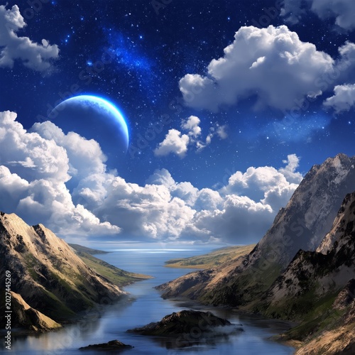 Sky With Clouds and a Crescent Moon Over a Grassy Landscape During the Day