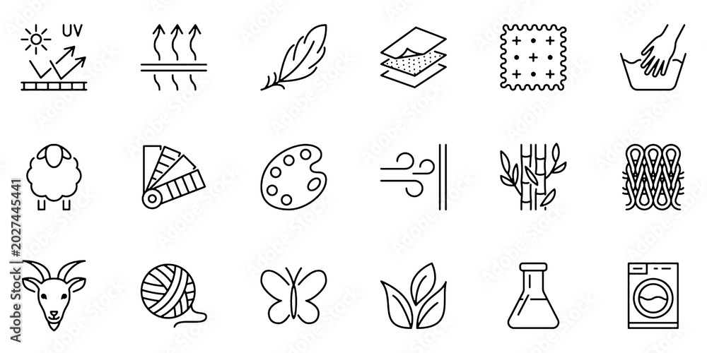 Fototapeta premium Fabric Feature Line Icon Set, Textile Material Properties Vector Transparent Background