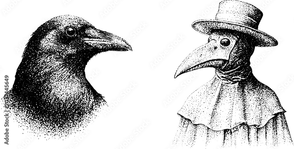 Fototapeta premium Raven head beside plague doctor wearing layered cloak on white background