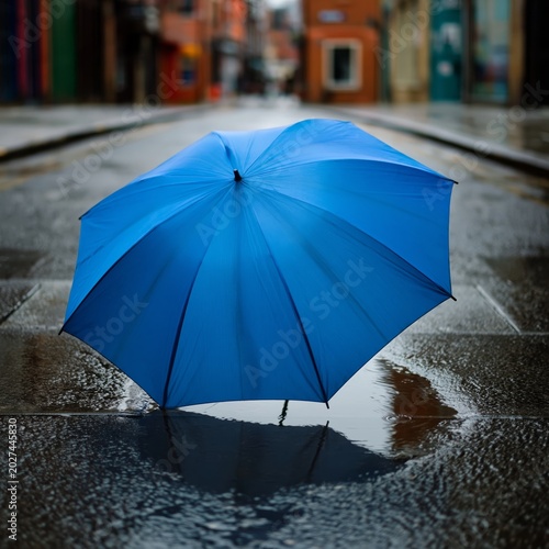 Blue Umbrella Stands on Wet Streets in a City During Rain