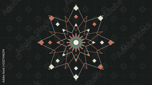 Schilderij op canvas Geometric mandala design with starburst and diamond shapes in orange, white, and