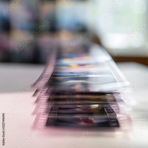 Film Strips Are Stacked on a Table With Blurred Background During Afternoon