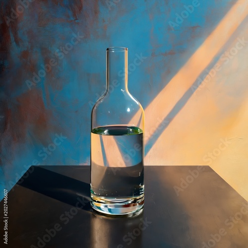 Light Shines on a Water Bottle on a Table With a Colorful Background