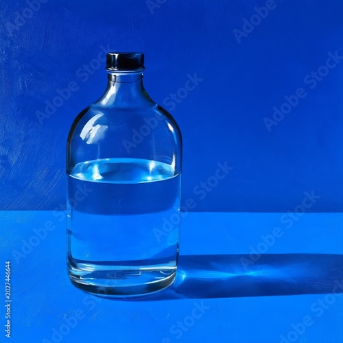 Clear Glass Bottle With Water on Blue Surface in Bright Light at Midday