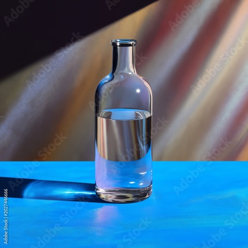 Clear Glass Bottle With Water on Blue Surface in Bright Light at Midday