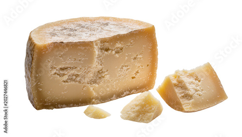 Konstfotografi Hard aged cheese wedge and pieces, isolated on transparent background