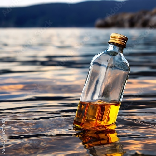 Bottle Floats on Water Surface During Sunset Creating Reflections and Ripples...