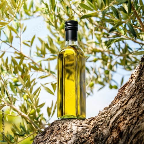 Olive Oil Bottle on a Branch in an Olive Grove During Daylight Hours