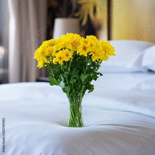 Bright Yellow Flowers in a Vase Placed on a Bed in a Hotel Room
