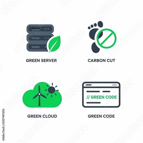 Icons representing green technology and sustainable digital practices are arranged on a clean white background.
