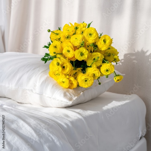 Bright Yellow Flowers in a Vase Placed on a Bed in a Hotel Room