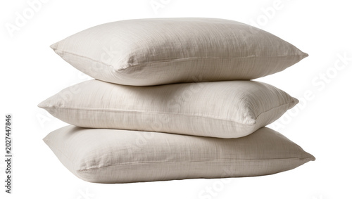 Foto Stack of three soft beige linen pillows, isolated on transparent background