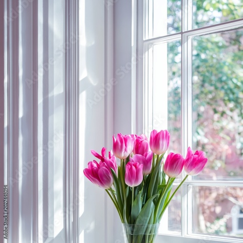 Bright Pink Tulips in Sunlight Near a Window With Soft Curtains During the Day