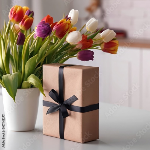 Bright Tulip Bouquet Sits Next to a Wrapped Gift on a Table by the Window in ...