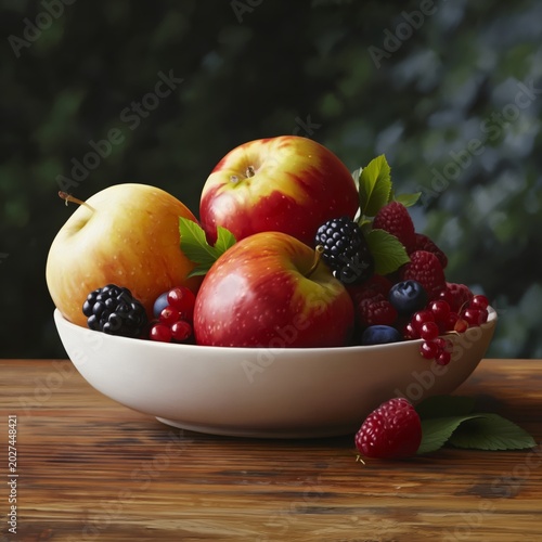 Fresh Fruits Arranged in a Bowl on a Wooden Table With Flowers in the Background